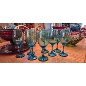 Set of 7 Hand Blown Teal Glass Wine Goblets Turquoise Stemmed Water Glasses